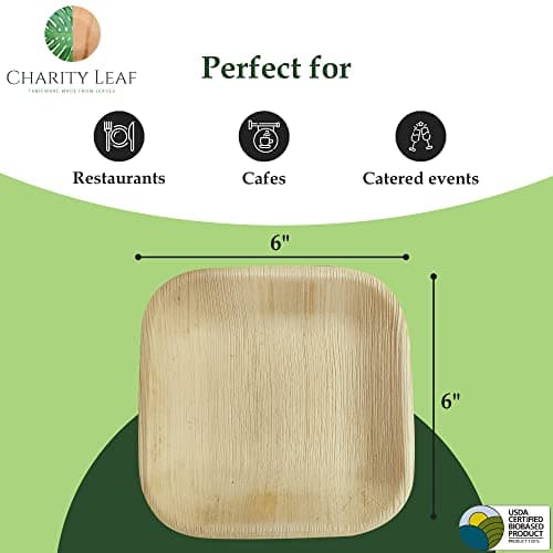 Charity Leaf Disposable Palm Leaf 6" Square Plates (50 pieces) Bamboo Like Serving Platters, Disposable Boards, Eco-Friendly Dinnerware For Weddings, Catering, Events 3