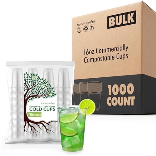 Stock Your Home Compostable Cold Cups 16 oz (1000 Pack), Plant Based Eco Friendly Disposable Cups for Water, Wine or Beer Samples 1