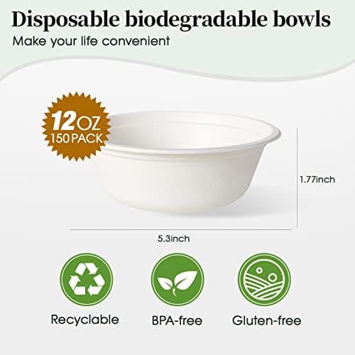ECOLipak 150 Pack 12 oz Paper Bowls Disposable, Heavy-Duty Biodegradable Compostable Bowls Made of Natural Sugarcane Bagasse, Suitable for Salad, Dessert, Milk, Cereals 2