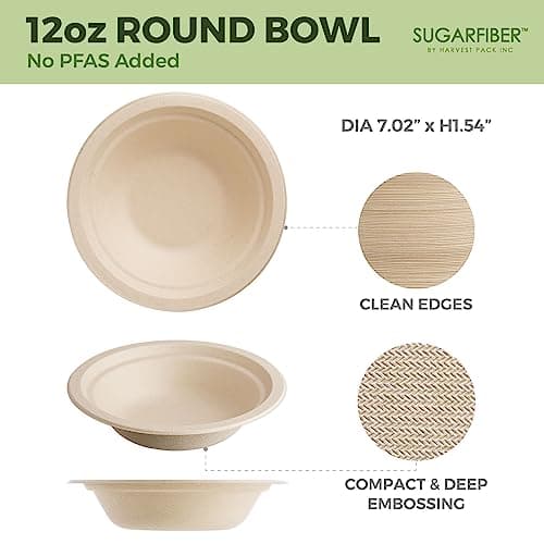 [600 Count] Harvest Pack PFAS Free 12oz Round Paper Bowls Bulk, Compostable Heavy-Duty Eco-Friendly Disposable Bagasse Bowls, Sugarcane Natural Plant fibers for Meal Prep Takeout Dinnerware 2
