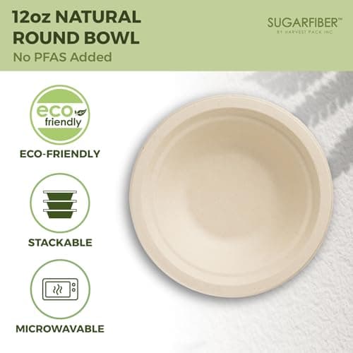 [600 Count] Harvest Pack PFAS Free 12oz Round Paper Bowls Bulk, Compostable Heavy-Duty Eco-Friendly Disposable Bagasse Bowls, Sugarcane Natural Plant fibers for Meal Prep Takeout Dinnerware 3