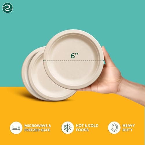 ECO SOUL Compostable Paper Plates 6 Inch (100 Count) Heavy Duty Disposable Dessert Plates, Eco-Friendly Sugarcane Bagasse Small Plates For Appetizer- Natural Brown 2