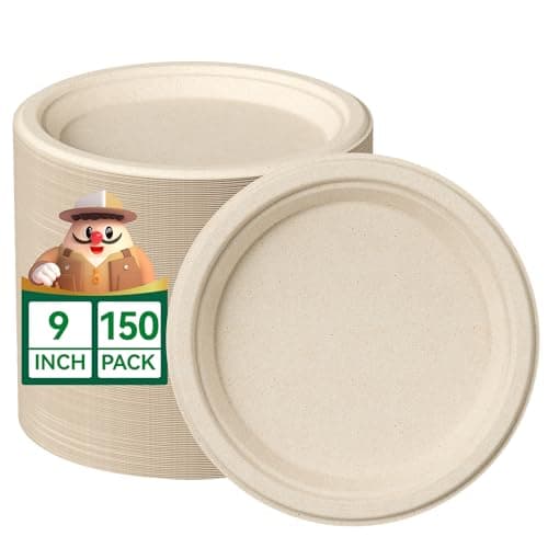 JOLLY CHEF 100% Compostable Paper Plates, 150 Pack 9 Inch Heavy Duty Plates, Disposable Biodegradable Eco-Friendly Sugarcane, Bulk Nature 1