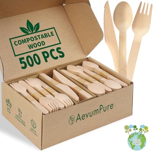 Compostable Wooden Utensils Set - 500 Pieces Disposable Wood Cutlery (200 Spoons, 200 Forks,100 Knives)-Bamboo Utensils And Plastic Silverware Alternative, Heavy Duty Utensils For Party 1