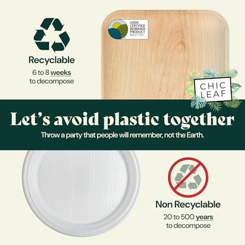Chic Leaf Disposable Palm Leaf Plates - 50 Count, 8" Square, Natural - Bamboo Plates Disposable, Biodegradable & Compostable - Microwave Safe & Heavy Duty - Event & Party Supplies - Wedding Decor 2