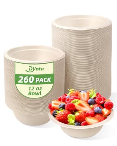 Dynta Paper Bowls 260 Pcs 12oz Compostable, Eco-Friendly Disposable Soup Heavy Duty Bulk Small Salad bowls for Parties, Picnic (Natural Brown)