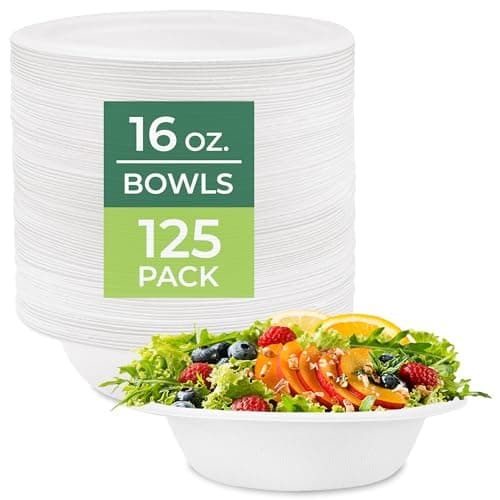 Freshware Paper Bowls - Disposable 16 oz. Soup Bowl, 125-Pack Biodegradable Sugarcane Fiber Serving Bowls - Heavy Duty Bagasse for Hot Food Plates - Microwave & Freezer Safe, Stackable Dinnerware