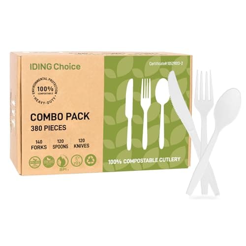 IDING Choice 380 Count Heavy Duty Compostable Cutlery Set 140 plastic forks 120 spoons 120 knives eco-friendly no plastic silverware compostable utensils for Weddings, Parties, Office, Camping, Picnic