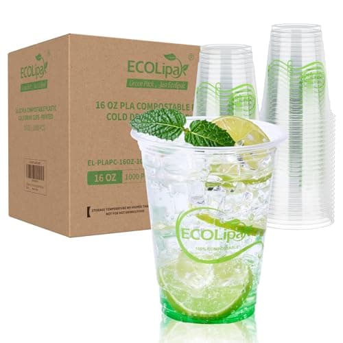 ECOLipak 1000 Count 16 OZ Clear Compostable Plastic Cups, Disposable Plant-Based Biodegradable Drinking Party Cups, PLA Plastic Cold Tumblers for Restaurant, Office, Canteen, Large Gathering 1
