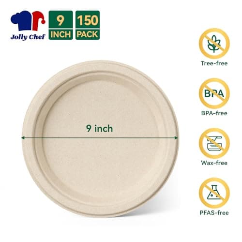 JOLLY CHEF 100% Compostable Paper Plates, 150 Pack 9 Inch Heavy Duty Plates, Disposable Biodegradable Eco-Friendly Sugarcane, Bulk Nature 5