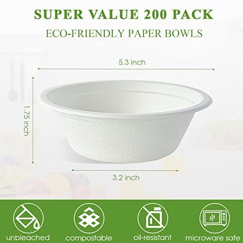 Vplus 200 Pack 12 OZ Paper Bowls, Disposable Compostable Bowls Bulk, Eco-friendly Bagasse Bowls, Heavy-duty Bowls Perfect for Milk Cereals, Snacks, Salads 3