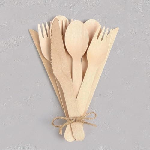 (150 Pcs) Special Edition Compostable Cutlery Set - Disposable Wooden Cutlery Set - Alternative to Plastic, Eco Friendly, Biodegradable, 50 Each Wooden Spoons, Knives, Forks Disposable Utensils Set 5