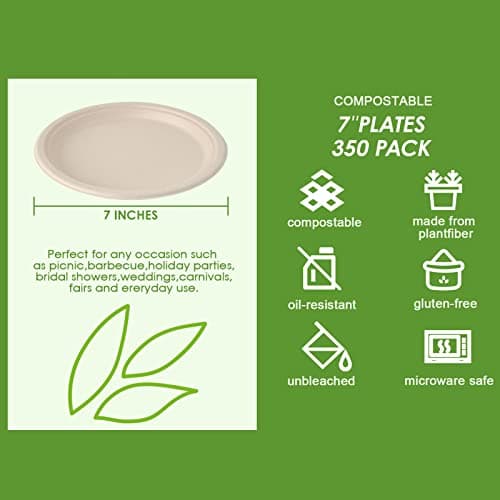 Vplus 350 Pack Paper Plates 7 inch 100% Compostable, Heavy-Duty Disposable Paper Plates Bagasse Natural Biodegradable Eco-Friendly Sugarcane 3
