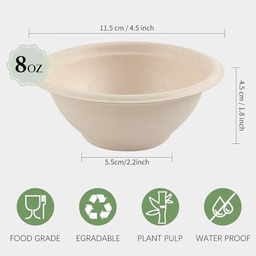 ZORRITA 150 Pack 8 oz Compostable Paper Bowls Small Disposable Soup Bowls Natural Sugarcane Biodegradable Bowls for Ice Cream, Desserts, Salads, Pet Food 2