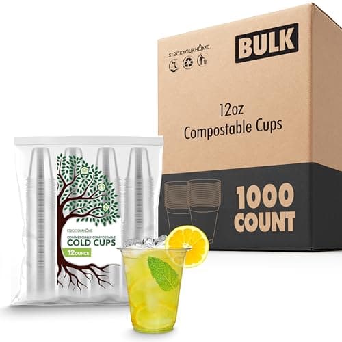 Stock Your Home 12 oz Clear Commercially Compostable Cold Cups (1000 Pack), Eco Party Cups, Disposable Cups for Water and Wine