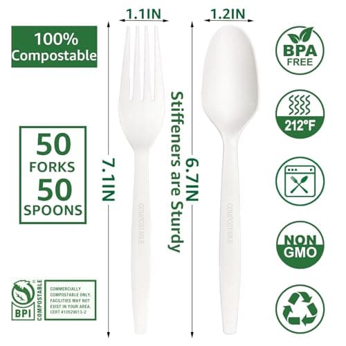 MISISIPI [7.1In 100Pcs] 100% Compostable Forks and Spoons Biodegradable Forks and Spoons HeavyDuty No Plastic Fork and Spoon Eco-friendly HeavyWeight Disposable Forks and Spoon Flatware Set 3
