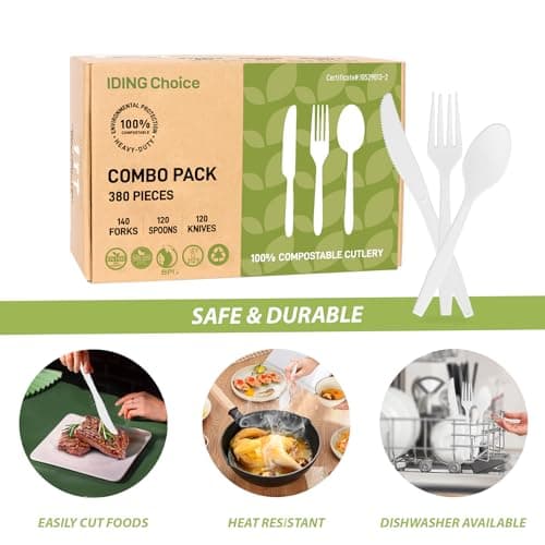 IDING Choice 380 Count Heavy Duty Compostable Cutlery Set 140 plastic forks 120 spoons 120 knives eco-friendly no plastic silverware compostable utensils for Weddings, Parties, Office, Camping, Picnic 7