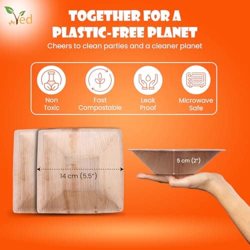 Ved 25 Eco-Friendly, Biodegradable Areca Leaf Bowl 5.5" (13.75cm),Deep Square Disposable Bowls for Soup, Salad, Desserts, Sturdy, Compostable Party Bowls. 2