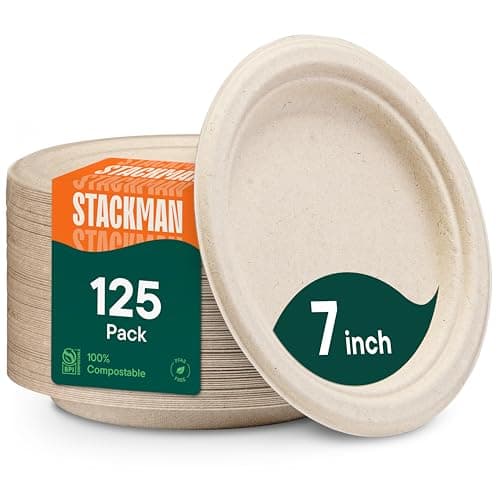 Paper Plates, 100% Compostable Heavy Duty, Disposable 7 Inch, Small Dessert Plate - [125-Pack] - {PFAS-Free} - {BPI Certified} Eco-Friendly, Biodegradable Bagasse Natural Brown 7" Small Plates 1