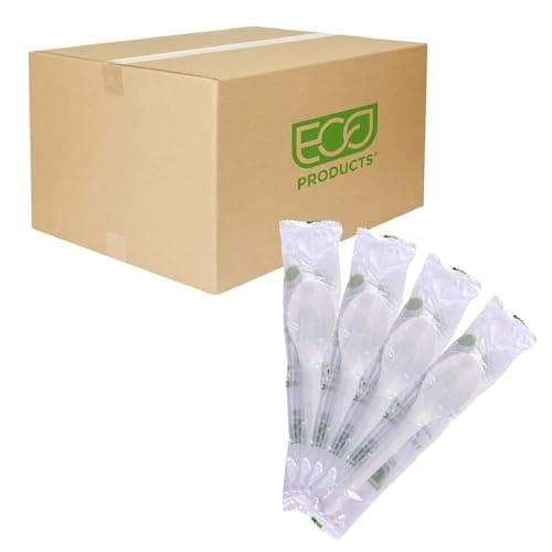 Eco-Products Compostable CPLA 6" Plastic Spoons, Case of 1000, Individually Wrapped Spoon, Disposable White Plantware Cutlery, Renewable Material Made from Plants, Sturdy and Strong, BPI-Certified
