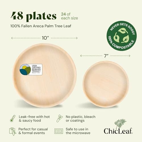 Chic Leaf Round Palm Leaf Plates - 10-Inch & 7-Inch, Pack of 48 - Compostable Disposable Bamboo Plates for Parties 2
