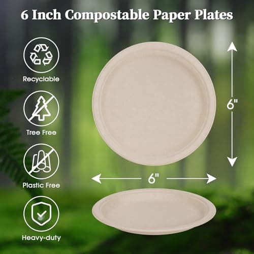 ECOLipak 6 Inch Disposable Compostable Small Paper Plates, 500 Pack Recycled Sugarcane Bagasse Biodegradable Heavy Duty Mini Dinner Appetizer Cake Dessert Plates for Party(Nature) 2