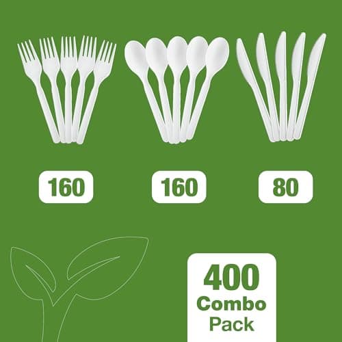 Elegant Disposables 100% Compostable PLA Combo Cutlery Set Disposable Plastic Forks Spoons Knives 400 Pcs Biodegradable Utensils 7