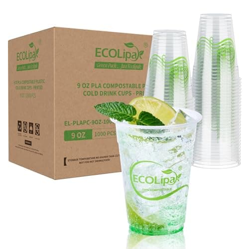 ECOLipak 1000 Count 9 OZ Clear Compostable Plastic Cups, Disposable Plant-Based Biodegradable Drinking Party Cups, PLA Plastic Cold Tumblers for Restaurant, Office, Canteen, Large Gathering