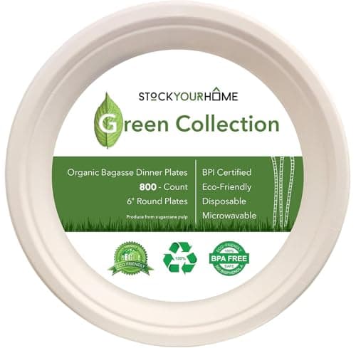 Stock Your Home Compostable Paper Plates 6 Inch (800 Pack), Eco Friendly Biodegradable Disposable Plates Made from Sugarcane Fiber 2