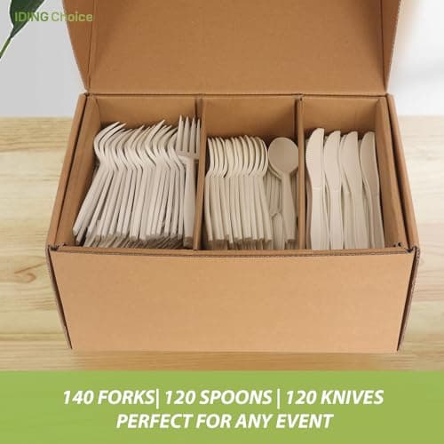 IDING Choice 380 Count Heavy Duty Compostable Cutlery Set 140 plastic forks 120 spoons 120 knives eco-friendly no plastic silverware compostable utensils for Weddings, Parties, Office, Camping, Picnic 2