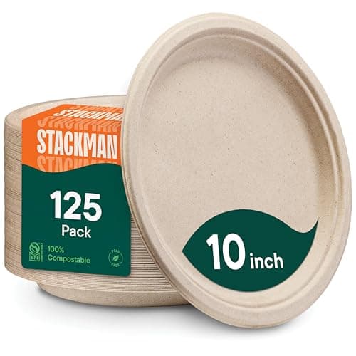 Paper Plates, 100% Compostable Heavy Duty Disposable 10 Inch Plate - [125-Pack] - {PFAS-Free} - {BPI Certified} Eco-Friendly, Biodegradable Bagasse