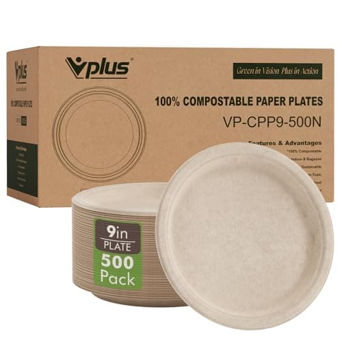 Vplus 500 Pack Paper Plates 9 inch 100% Compostable, Heavy-Duty Disposable Paper Plates Bagasse Natural Biodegradable Eco-Friendly Sugarcane(Nature) 1