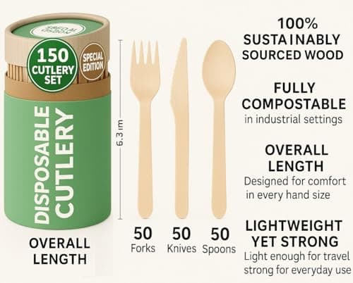 (150 Pcs) Special Edition Compostable Cutlery Set - Disposable Wooden Cutlery Set - Alternative to Plastic, Eco Friendly, Biodegradable, 50 Each Wooden Spoons, Knives, Forks Disposable Utensils Set 2