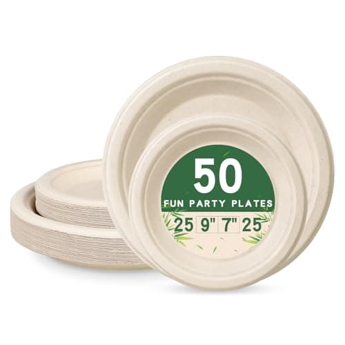 LANLISA 50 Disposable Paper Plates Heavy Duty, 7 inch & 9 Inch Compostable Plates [Each 25 Count] - Eco Friendly Biodegradable Plate for Brithday Party Camping