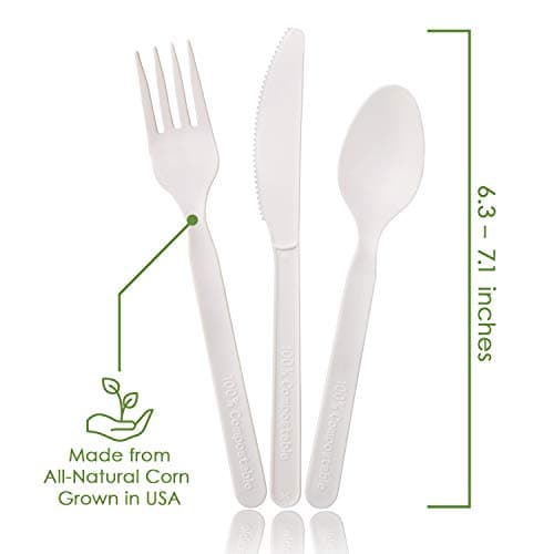 Ecovita 100% Compostable Forks Spoons Knives Cutlery Combo Set - 380 Large Disposable Utensils (7 in.) Eco Friendly Durable and Heat Resistant Alternative to Plastic Silverware with Convenient Tray 3