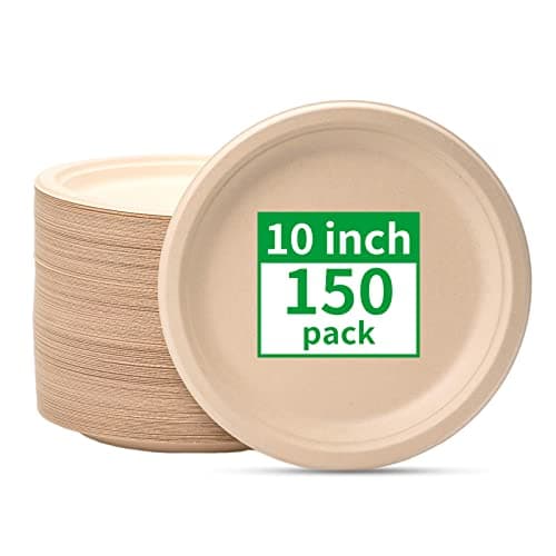 RACETOP Compostable Paper Plates 10 Inch [150 Pack], Disposable Biodegradable Heavy Duty Paper Plates, Made of Natural Sugarcane Fibers, Unbleached Brown, Round