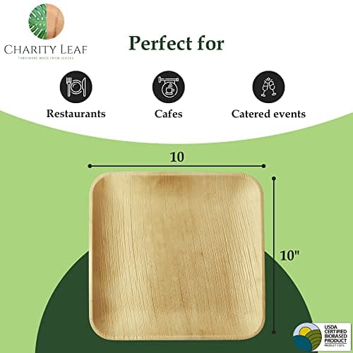 Charity Leaf Compostable 10" Square Palm Leaf Dinner Plates (50-pack) | Premium, 100% Natural, Disposable, Heavy Duty | Perfect for Parties, Weddings & Catering Events 3