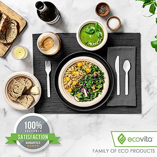 Ecovita 100% Compostable Forks Spoons Knives Cutlery Combo Set - 380 Large Disposable Utensils (7 in.) Eco Friendly Durable and Heat Resistant Alternative to Plastic Silverware with Convenient Tray 8