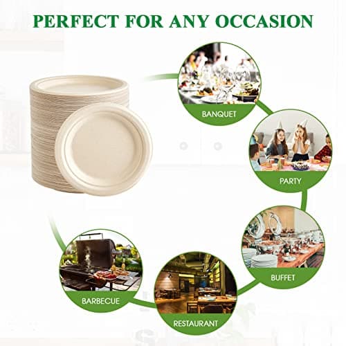 Vplus 350 Pack Paper Plates 7 inch 100% Compostable, Heavy-Duty Disposable Paper Plates Bagasse Natural Biodegradable Eco-Friendly Sugarcane 6