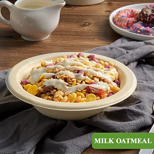 Vplus 500 Pack 12 OZ Paper Bowls Bulk, Disposable Compostable, Eco-friendly Bagasse, Heavy-duty Bowls Perfect for Milk Cereals, Snacks, Salads Nature 2