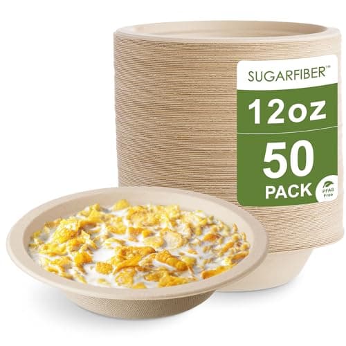 [50 Count] Harvest Pack PFAS Free 12oz Round Paper Bowls - Compostable Heavy-Duty Eco-Friendly Disposable Bagasse Bowls Sugarcane Natural Plant fibers for Meal Prep Takeout Dinnerware