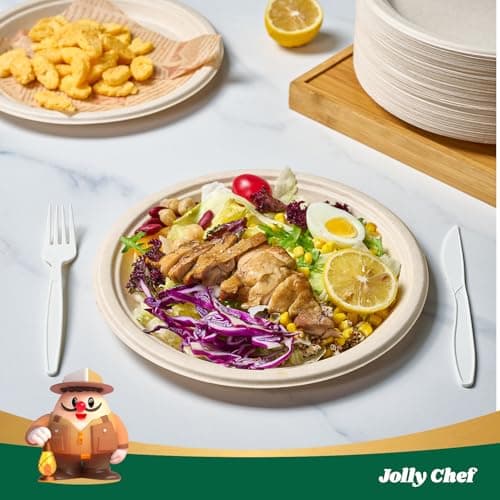 JOLLY CHEF 100% Compostable Paper Plates, 150 Pack 9 Inch Heavy Duty Plates, Disposable Biodegradable Eco-Friendly Sugarcane, Bulk Nature 2