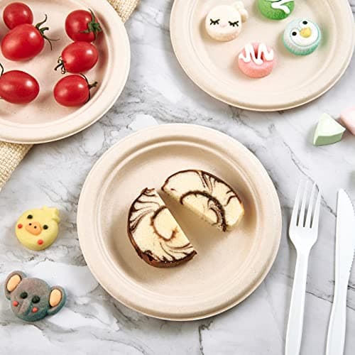 Vplus 350 Pack Paper Plates 7 inch 100% Compostable, Heavy-Duty Disposable Paper Plates Bagasse Natural Biodegradable Eco-Friendly Sugarcane 4