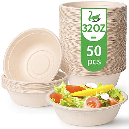 Green Tree Products Disposable Paper Bowls, 32 Oz [50 Pack] Large Bowl-100% Compostable, Biodegradable, Eco-friendly - Convenient for Daily Use for Salad, Hot Soup, and Pasta (32 Oz)