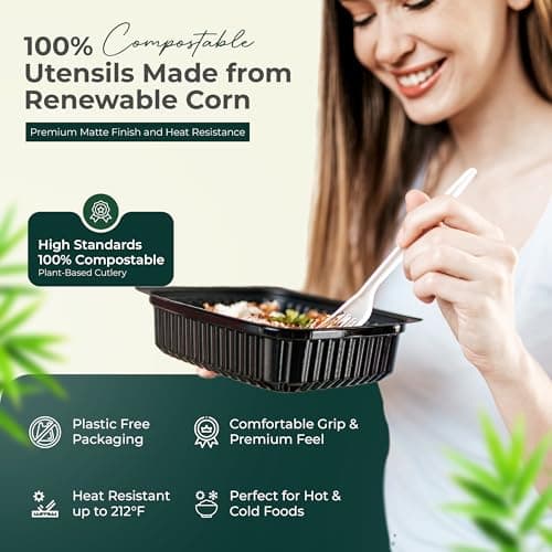 100% Compostable cutlery knives forks spoons Large Disposable Biodegradable Compostable Utensils Durable HeavyDuty Silverware heat resistant alternative to plastic with convenient tray 7inch (400) 4