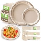 Gezond 250Pcs Disposable Paper Plates Set, Compostable Plate Sugarcane Utensils Eco Friendly Dinnerware Kit Includes 50 Biodegradable Plates, Forks, Knives and Spoons for Brithday Party Camping 2