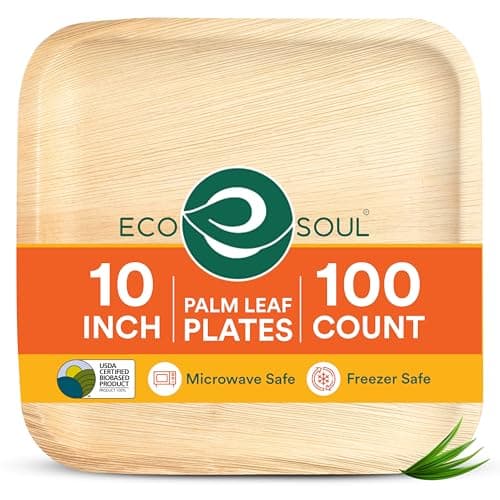 ECO SOUL Compostable 10 Inch Palm Leaf Square Plates (100 Count) Like Bamboo Plates | Biodegradable | Eco-Friendly, Microwave & Oven Safe 1