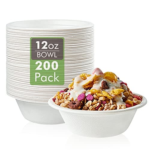 Vplus 200 Pack 12 OZ Paper Bowls, Disposable Compostable Bowls Bulk, Eco-friendly Bagasse Bowls, Heavy-duty Bowls Perfect for Milk Cereals, Snacks, Salads