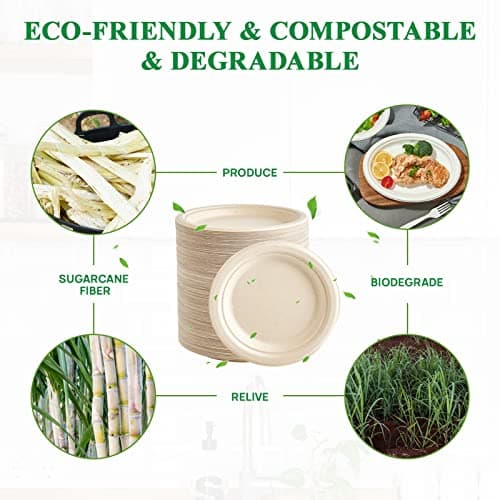 Vplus 350 Pack Paper Plates 7 inch 100% Compostable, Heavy-Duty Disposable Paper Plates Bagasse Natural Biodegradable Eco-Friendly Sugarcane 5