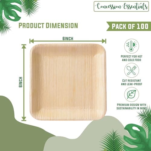 Concession Essentials 6 Inch Square Palm Leaf Dessert Plates -Bamboo Plates for Appetizers - Compostable and Eco-Friendly- Pack of 100ct 4